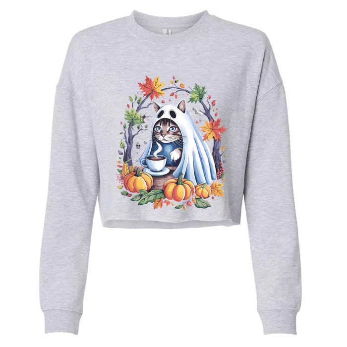 Halloween Cat Ghost With Coffee And Pumpkins Great Gift Cropped Pullover Crew