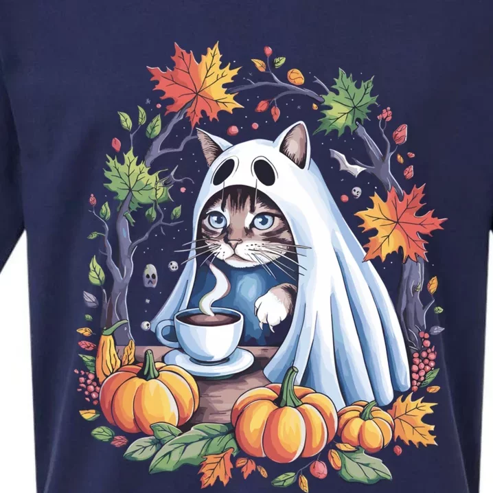 Halloween Cat Ghost With Coffee And Pumpkins Great Gift Sueded Cloud Jersey T-Shirt