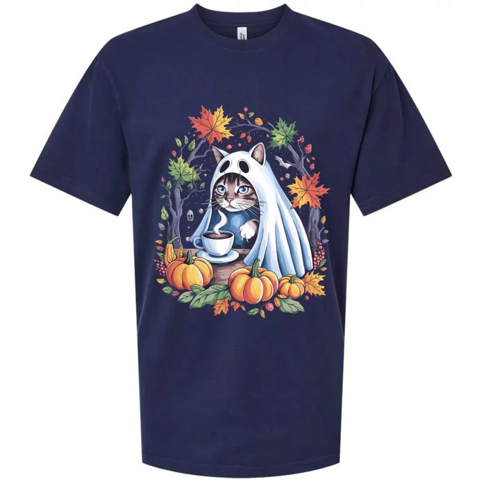 Halloween Cat Ghost With Coffee And Pumpkins Great Gift Sueded Cloud Jersey T-Shirt