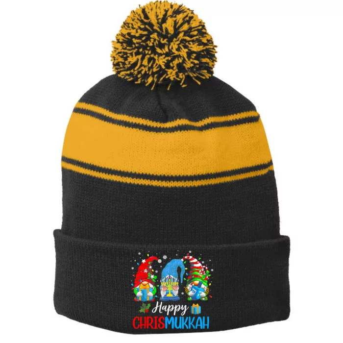 Happy Chrismukkah Gnomes Merry Christmas And Happy Hanukkah Stripe Pom Pom Beanie