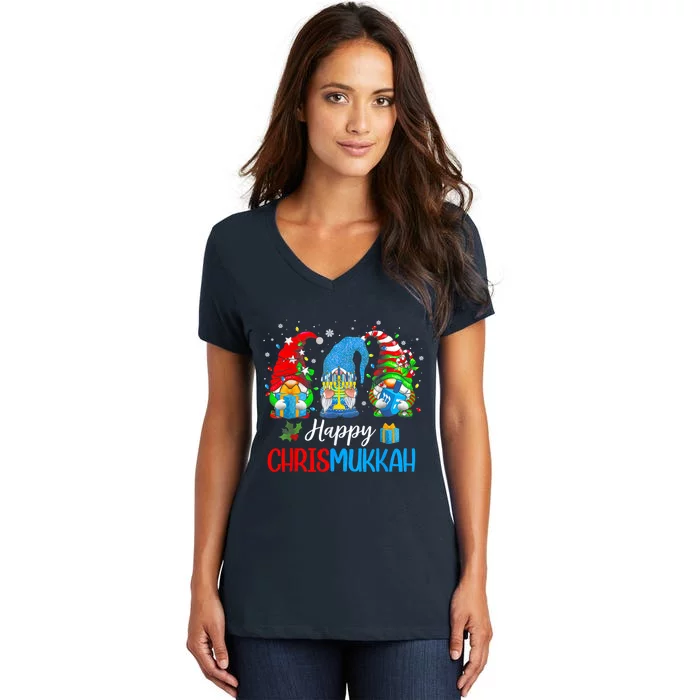 Happy Chrismukkah Gnomes Merry Christmas And Happy Hanukkah Women's V-Neck T-Shirt