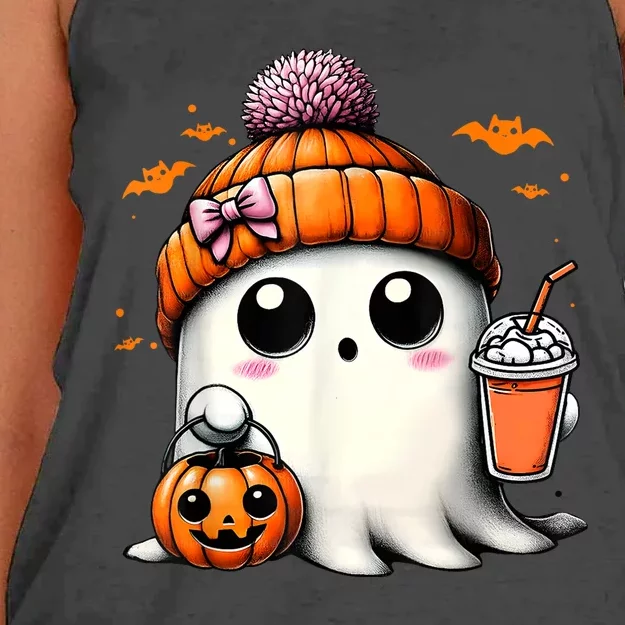 Halloween Cute Ghost Drinking Coffee Ghost Ice Gift Women's Knotted Racerback Tank