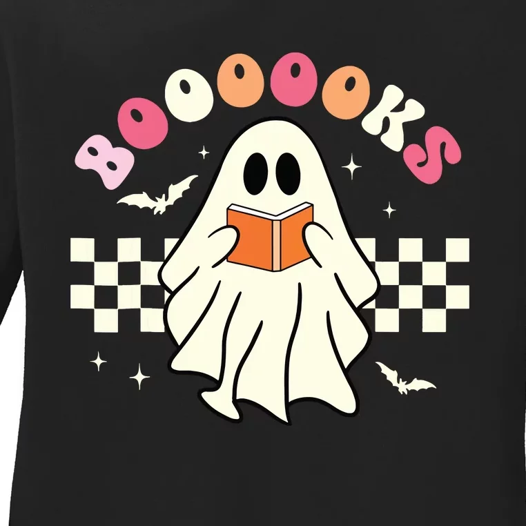 Halloween Cute Ghost Book Reading School Teacher Retro Ladies Long Sleeve Shirt