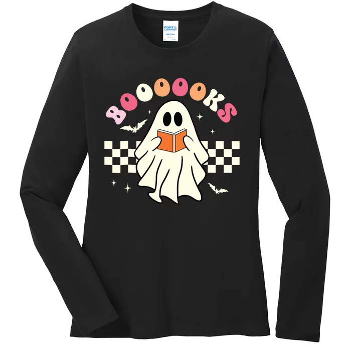 Halloween Cute Ghost Book Reading School Teacher Retro Ladies Long Sleeve Shirt