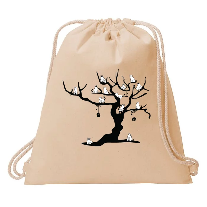 Halloween Cute Ghost Kitty Cats On A Tree Women Art Drawstring Bag