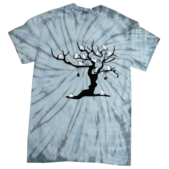 Halloween Cute Ghost Kitty Cats On A Tree Women Art Tie-Dye T-Shirt