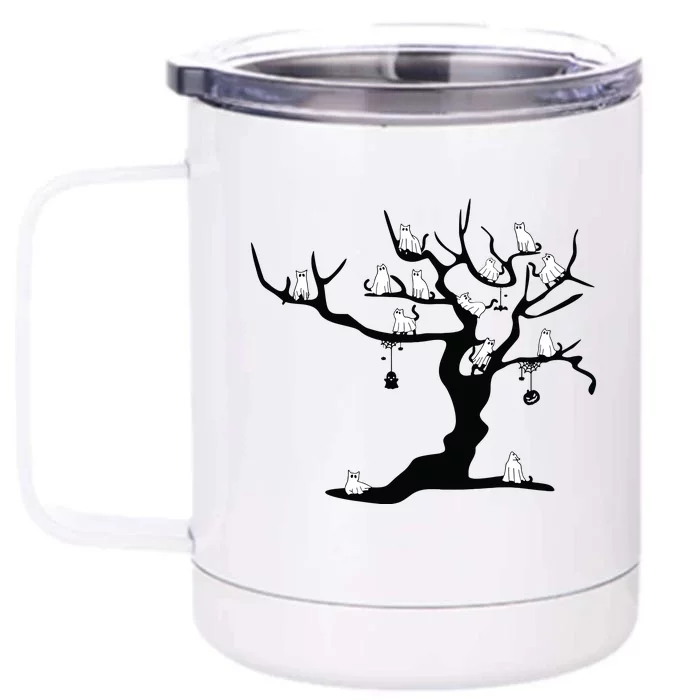 Halloween Cute Ghost Kitty Cats On A Tree Women Art Front & Back 12oz Stainless Steel Tumbler Cup