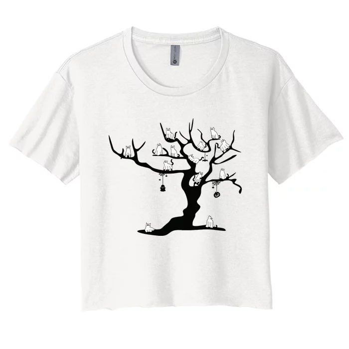 Halloween Cute Ghost Kitty Cats On A Tree Women Art Women's Crop Top Tee