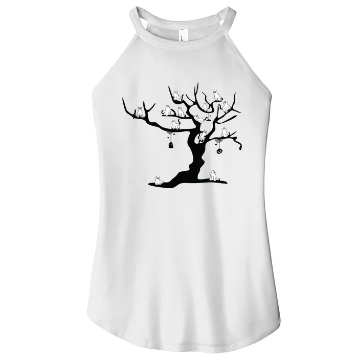 Halloween Cute Ghost Kitty Cats On A Tree Women Art Women’s Perfect Tri Rocker Tank