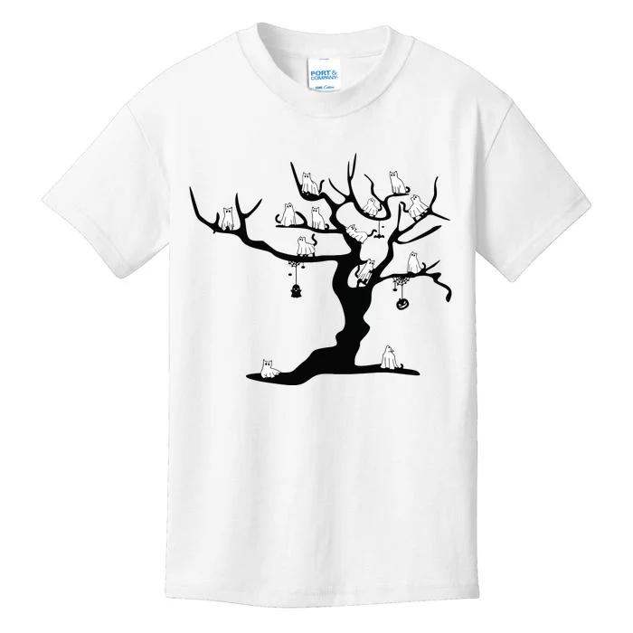 Halloween Cute Ghost Kitty Cats On A Tree Women Art Kids T-Shirt