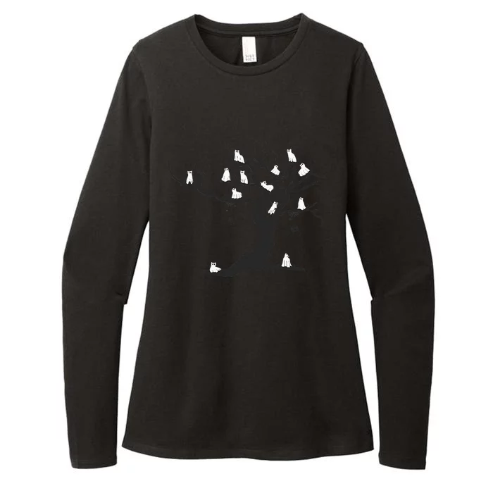 Halloween Cute Ghost Kitty Cats on a Tree Womens CVC Long Sleeve Shirt