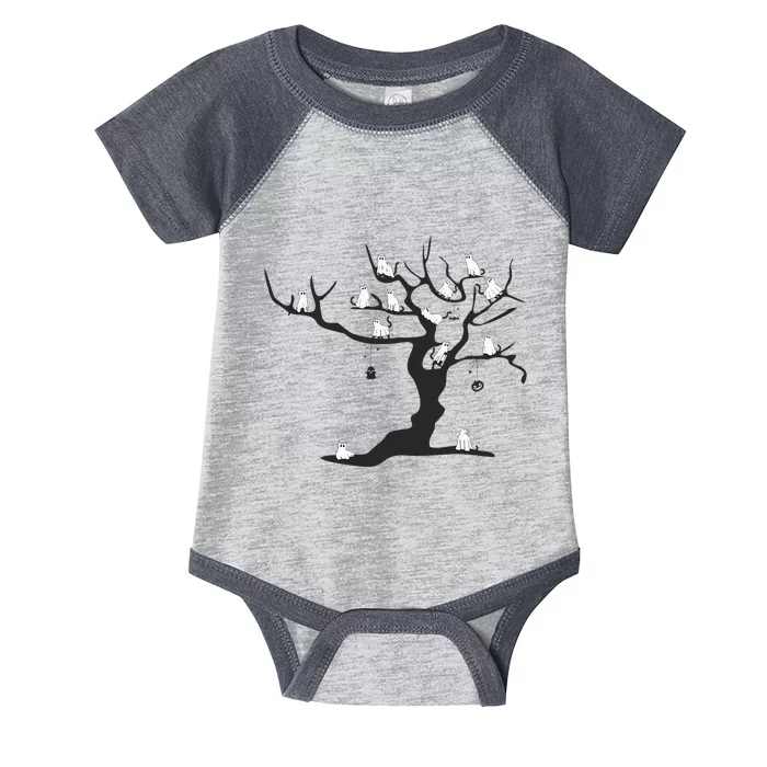 Halloween Cute Ghost Kitty Cats on a Tree Infant Baby Jersey Bodysuit