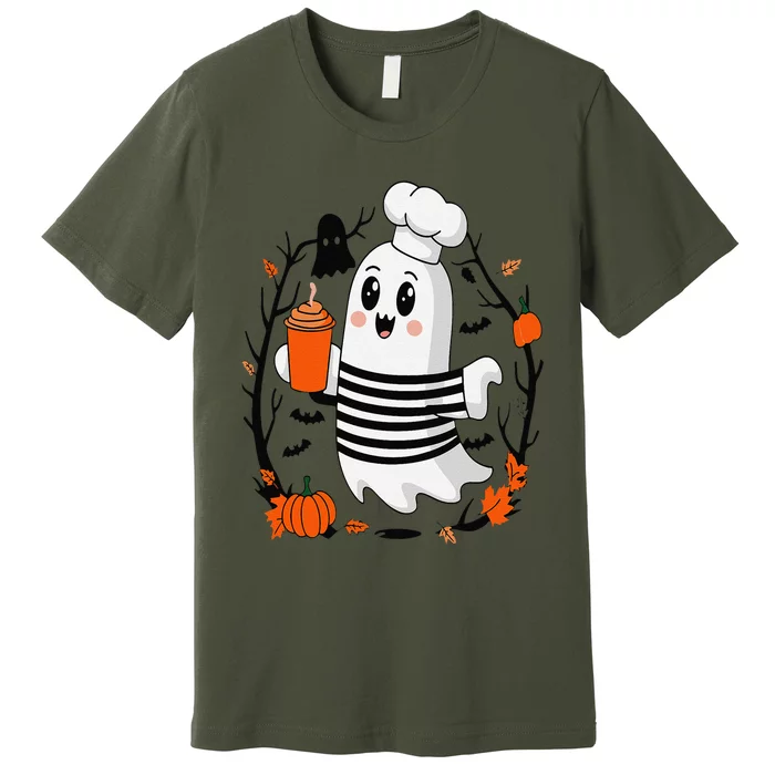 Halloween Cute Ghost Hat Drinking Coffee Ghost Ice Coffee Premium T-Shirt