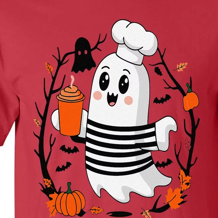 Halloween Cute Ghost Hat Drinking Coffee Ghost Ice Coffee Tall T-Shirt