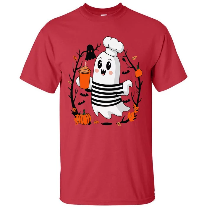 Halloween Cute Ghost Hat Drinking Coffee Ghost Ice Coffee Tall T-Shirt