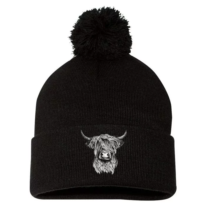 Highland Cow Hand Drawn Illustration Pom Pom 12in Knit Beanie