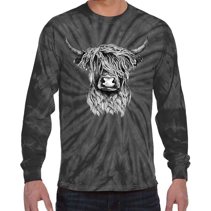 Highland Cow Hand Drawn Illustration Tie-Dye Long Sleeve Shirt