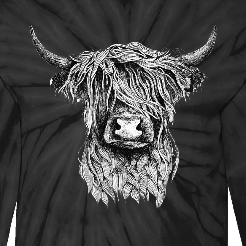 Highland Cow Hand Drawn Illustration Tie-Dye Long Sleeve Shirt