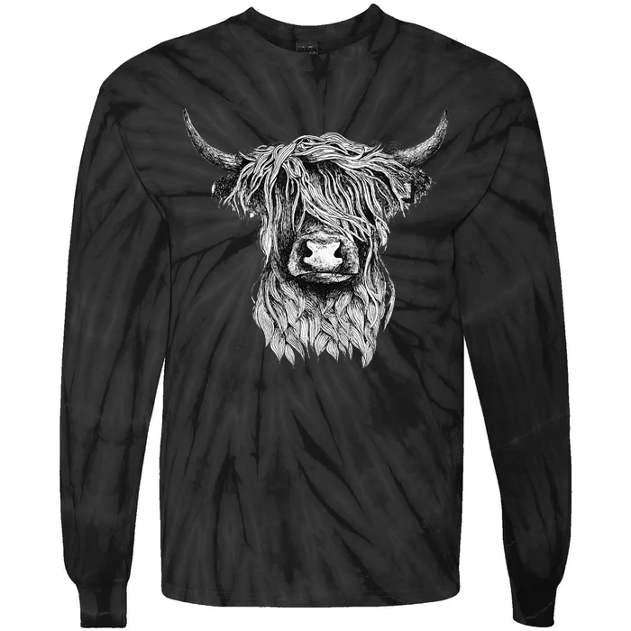 Highland Cow Hand Drawn Illustration Tie-Dye Long Sleeve Shirt