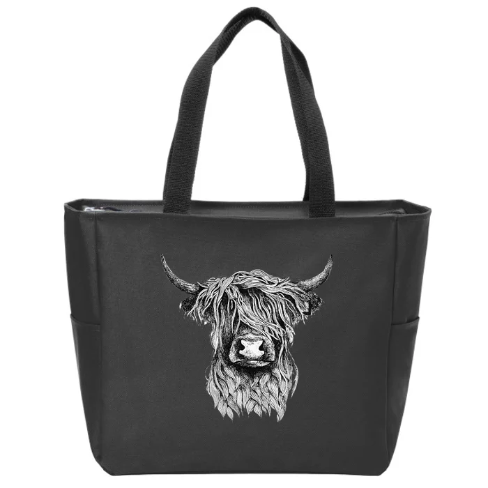 Highland Cow Hand Drawn Illustration Zip Tote Bag