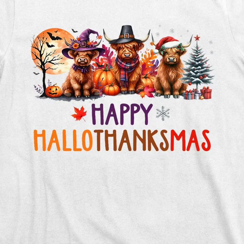 Highland Cow Halloween Christmas Thanksgiving Hallothanksmas T-Shirt