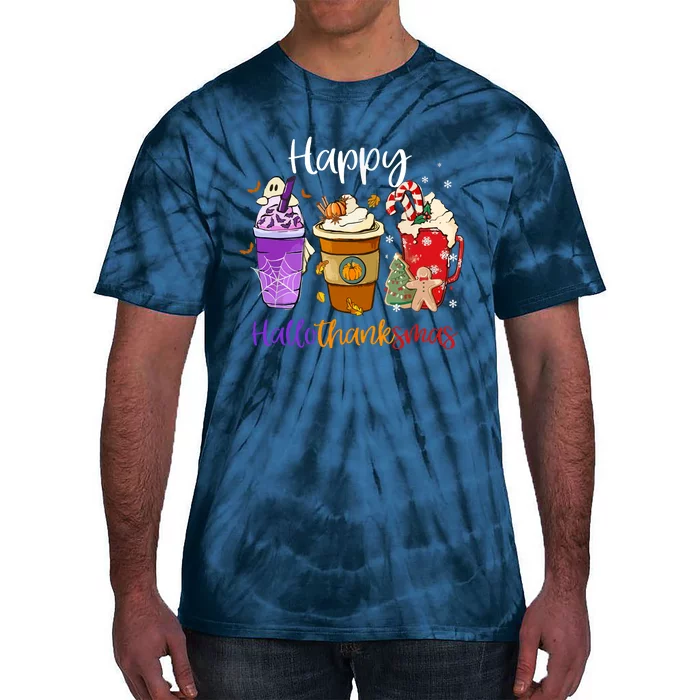 Happy Chirtmas Hallothanksmas Coffee Latte Halloween Thanksgiving Gift Tie-Dye T-Shirt