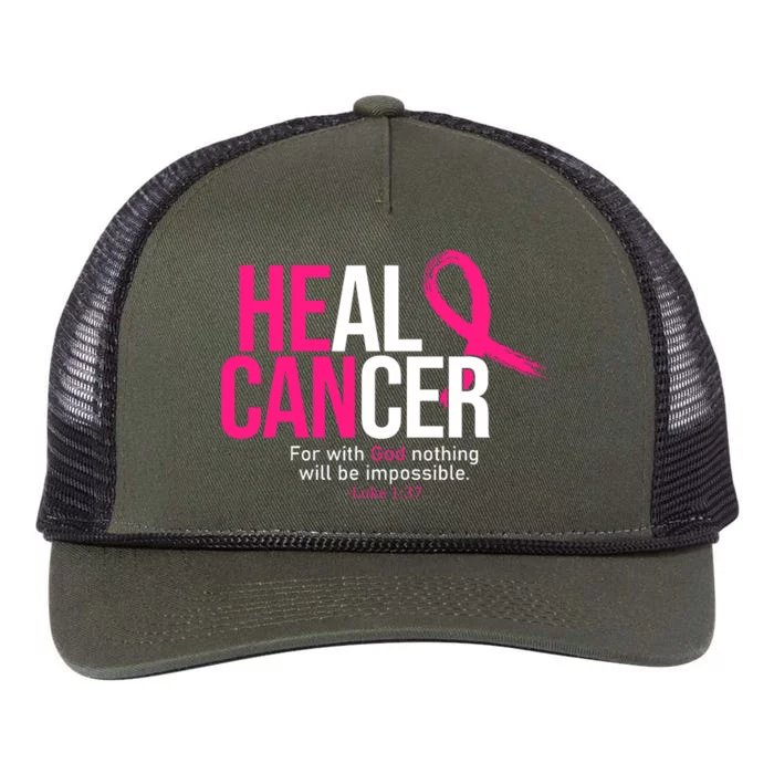 He Can Heal Cancer Pink Ribbon Breast Cancer Awareness Retro Rope Trucker Hat Cap