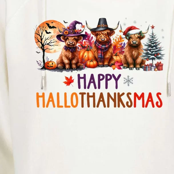 Highland Cow Halloween Christmas Thanksgiving Hallothanksmas Womens Funnel Neck Pullover Hood