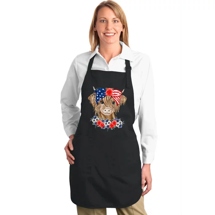 Highland Cow Heifer Bandana American Flag 4th Of July Full-Length Apron With Pocket