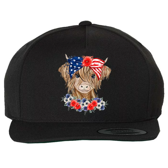 Highland Cow Heifer Bandana American Flag 4th Of July Wool Snapback Cap