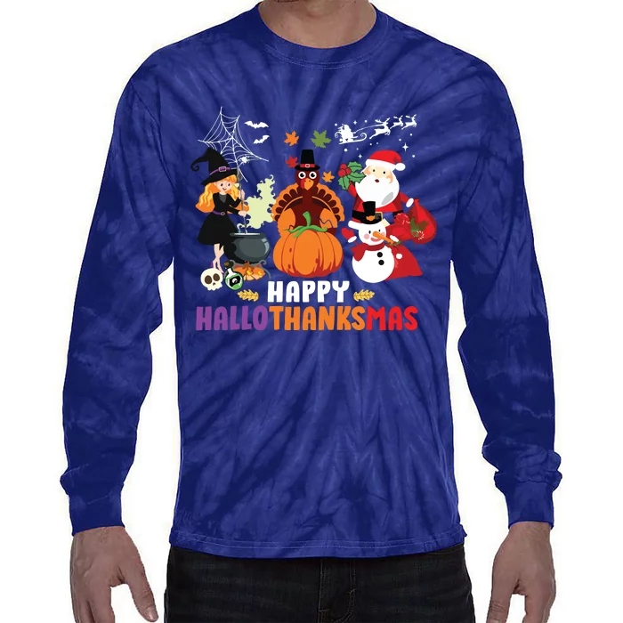 Halloween Christmas Happy Hallothanksmas Thanksgiving Tie-Dye Long Sleeve Shirt