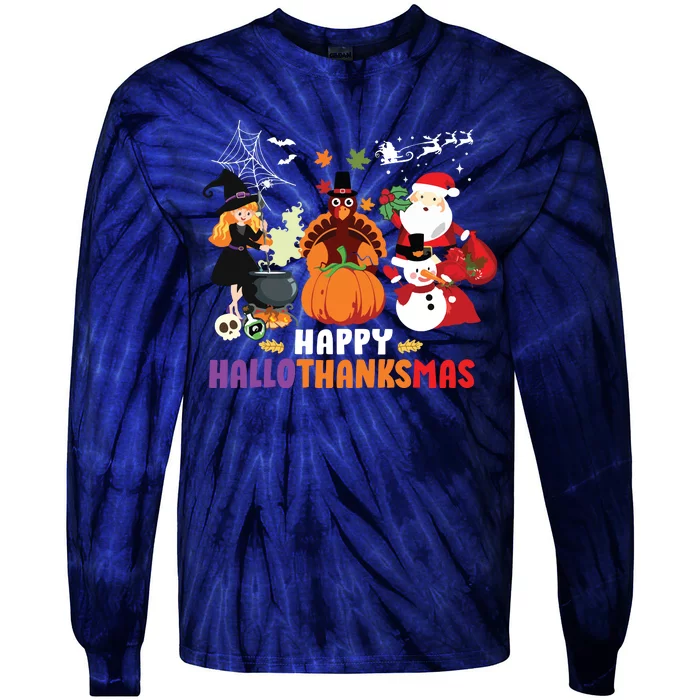 Halloween Christmas Happy Hallothanksmas Thanksgiving Tie-Dye Long Sleeve Shirt