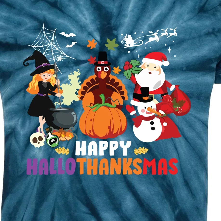 Halloween Christmas Happy Hallothanksmas Thanksgiving Kids Tie-Dye T-Shirt