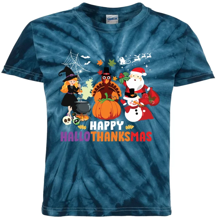 Halloween Christmas Happy Hallothanksmas Thanksgiving Kids Tie-Dye T-Shirt