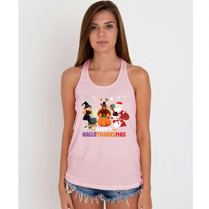 Halloween Christmas Happy Hallothanksmas Thanksgiving Women's Knotted Racerback Tank