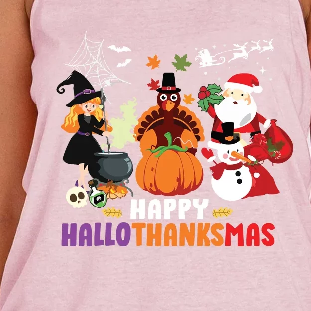 Halloween Christmas Happy Hallothanksmas Thanksgiving Women's Knotted Racerback Tank