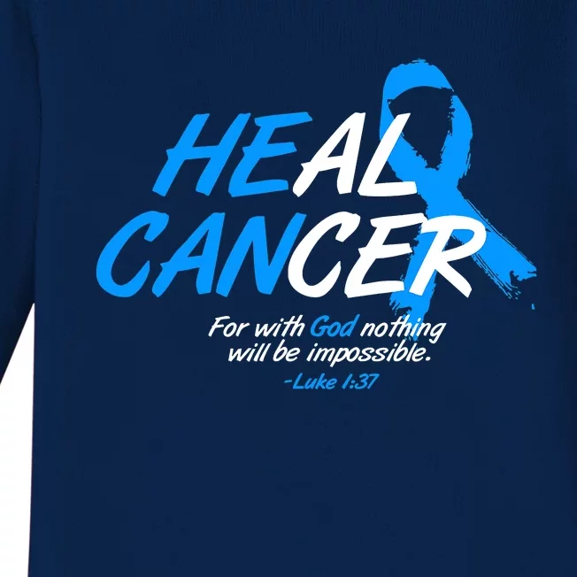 He Can Heal Cancer Colon Cancer Awareness Blue Ribbon Baby Long Sleeve Bodysuit