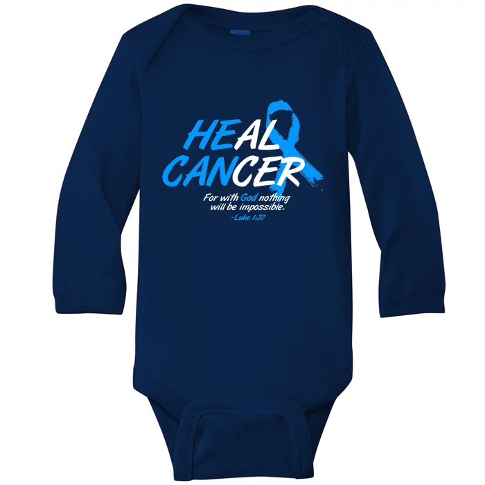 He Can Heal Cancer Colon Cancer Awareness Blue Ribbon Baby Long Sleeve Bodysuit