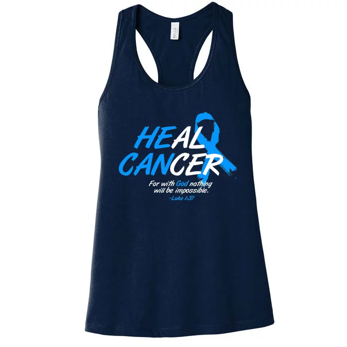 He Can Heal Cancer Colon Cancer Awareness Blue Ribbon Women's Racerback Tank