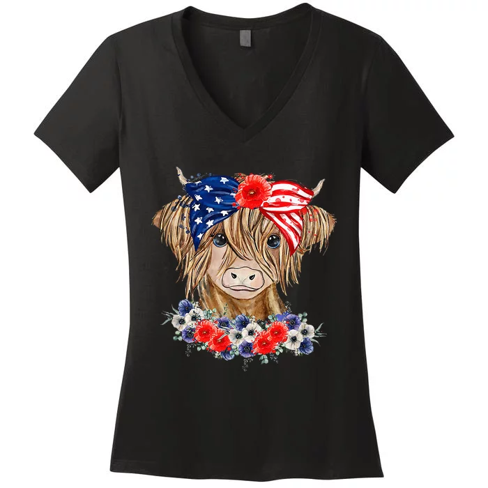 Highland Cow Heifer Bandana American Flag 4th Of July Women's V-Neck T-Shirt