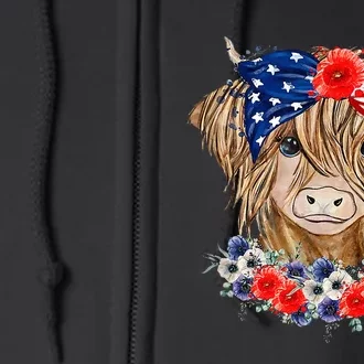 Highland Cow Heifer Bandana American Flag 4th Of July Full Zip Hoodie