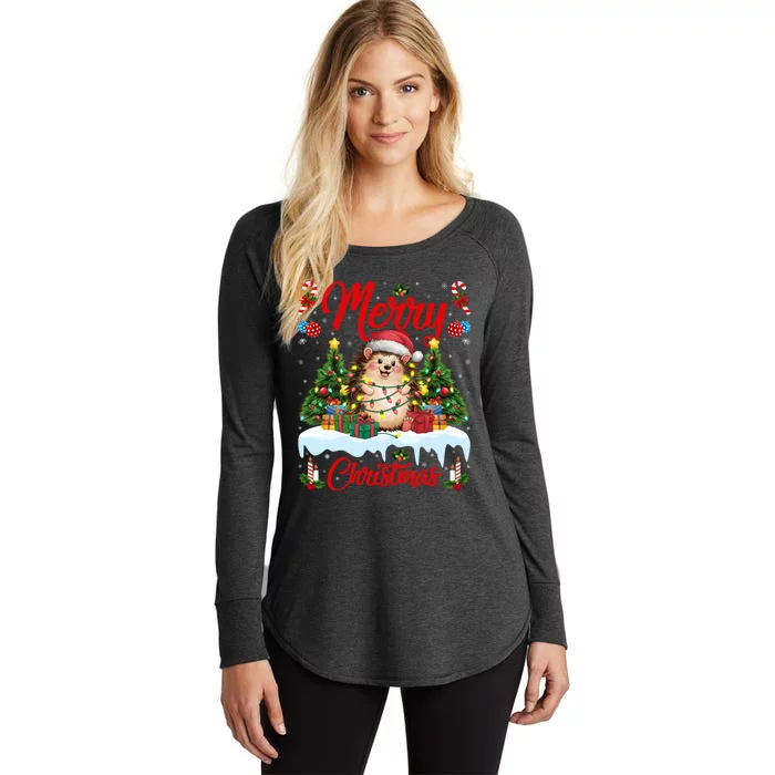 Hedgehog Christmas Hedgehog Xmas Tree Lighting Santa Hat Women's Perfect Tri Tunic Long Sleeve Shirt