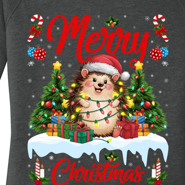 Hedgehog Christmas Hedgehog Xmas Tree Lighting Santa Hat Women's Perfect Tri Tunic Long Sleeve Shirt