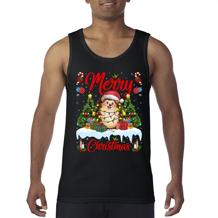 Hedgehog Christmas Hedgehog Xmas Tree Lighting Santa Hat Tank Top