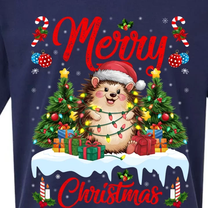 Hedgehog Christmas Hedgehog Xmas Tree Lighting Santa Hat Sueded Cloud Jersey T-Shirt