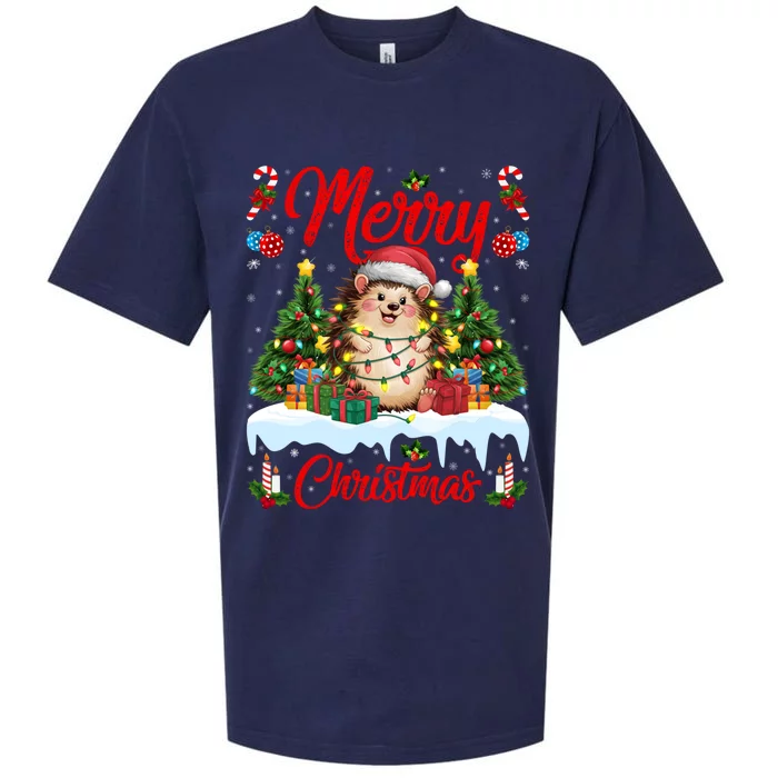 Hedgehog Christmas Hedgehog Xmas Tree Lighting Santa Hat Sueded Cloud Jersey T-Shirt