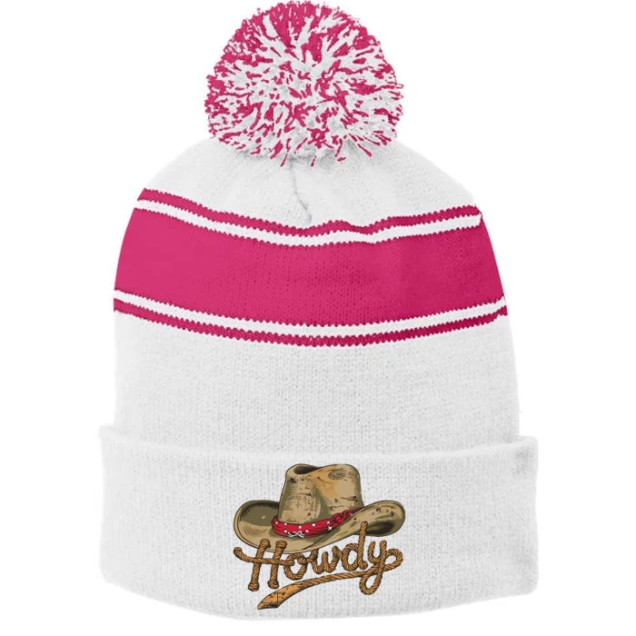 Howdy Cowboy Hat Funny Western Rodeo Stripe Pom Pom Beanie