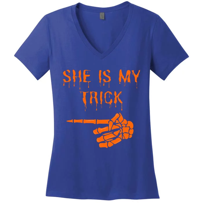 Halloween Couple Husband Costume She Is My Trick Meaningful Gift Women's V-Neck T-Shirt