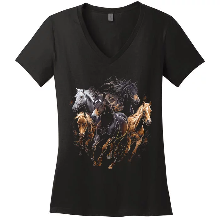 Horses Collage Horse Lover Graphic Women's V-Neck T-Shirt