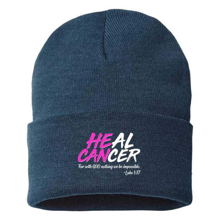 He Can Heal Cancer Luke 1:37 Breast Cancer Awareness Sustainable Knit Beanie